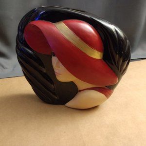 Red Woman in Black Hat Ceramic Vase